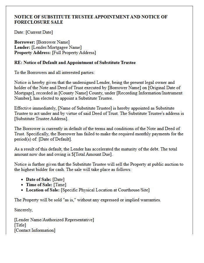 Mortgage Default Notice of Substitute Trustee Appointment Letter