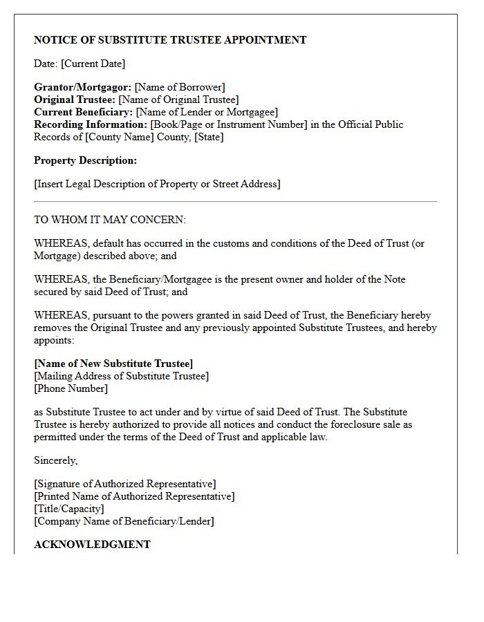 Standard Notice of Substitute Trustee Appointment Letter