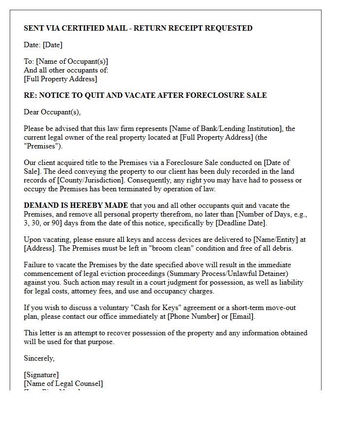 Bank Legal Counsel Post-Foreclosure Notice To Quit And Vacate Letter