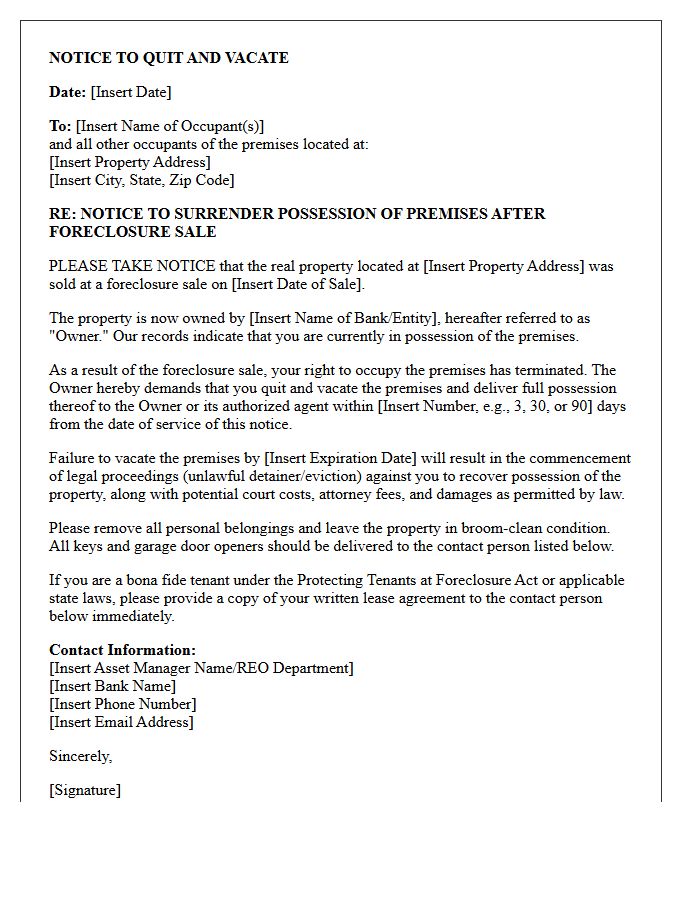 Bank REO Department Post-Foreclosure Notice To Quit And Vacate Letter