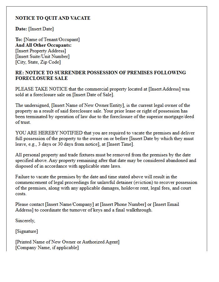 Commercial Real Estate Post-Foreclosure Notice To Quit And Vacate Letter
