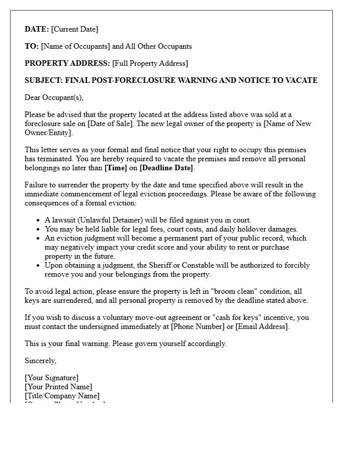 Final Post-Foreclosure Eviction Warning And Notice To Vacate Letter