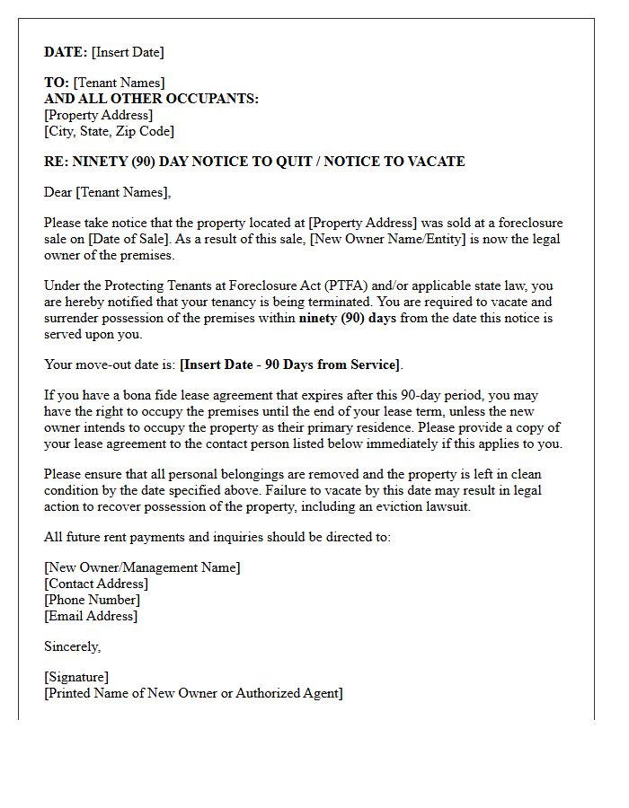Ninety-Day Post-Foreclosure Notice To Vacate Letter For Existing Tenants