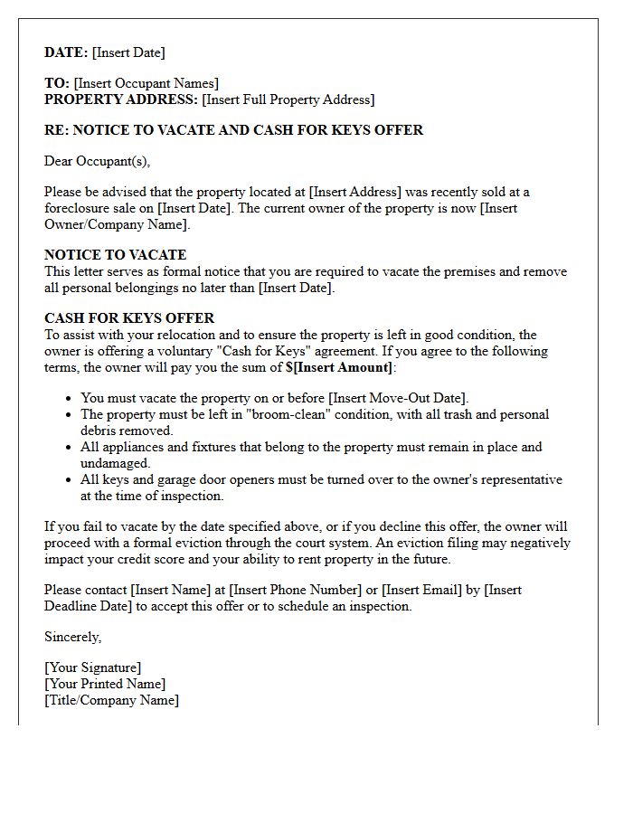 Post-Foreclosure Cash For Keys Offer And Notice To Vacate Letter