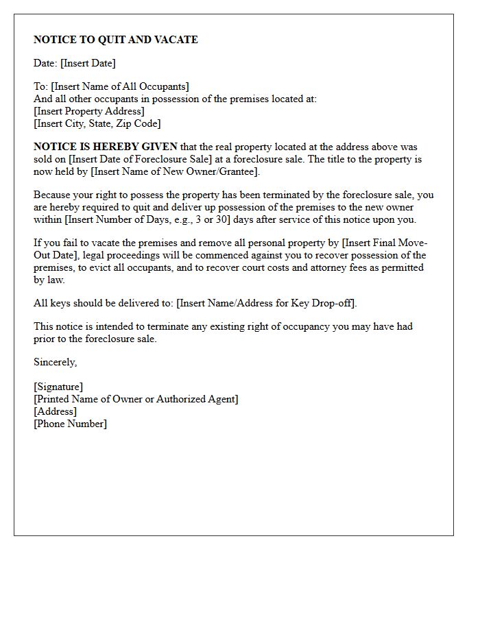 Post-Foreclosure Notice To Quit And Vacate Letter For Defaulted Mortgagors