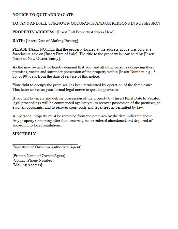 Post-Foreclosure Notice To Quit And Vacate Letter For Unknown Occupants
