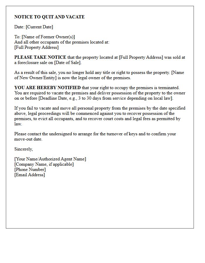 Standard Post-Foreclosure Notice To Quit And Vacate Letter For Former Owners