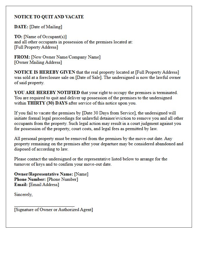 Thirty-Day Post-Foreclosure Notice To Quit And Vacate Letter