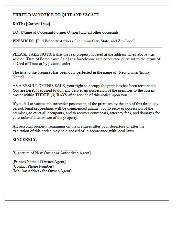 Three-Day Post-Foreclosure Notice To Quit And Vacate Letter