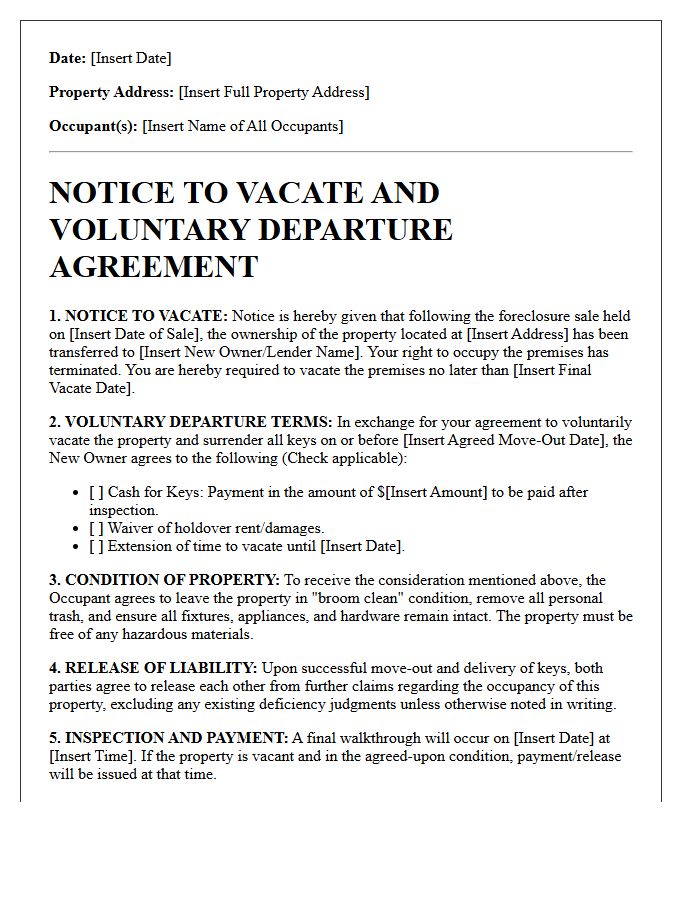 Voluntary Departure Agreement And Post-Foreclosure Notice To Vacate Letter