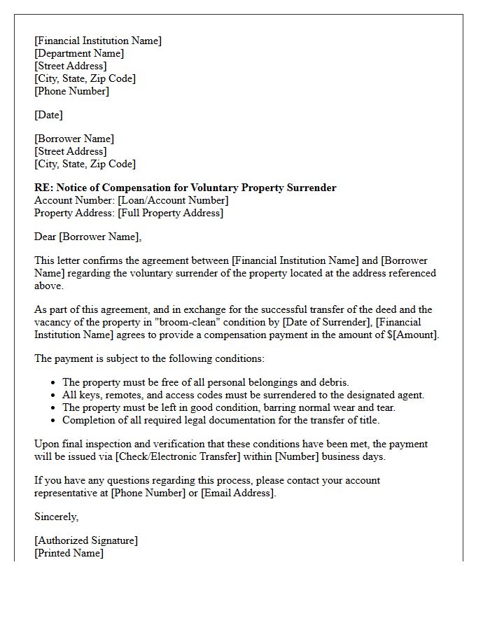 Financial Institution Property Surrender Compensation Letter