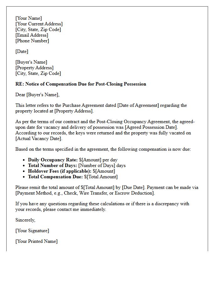 Post-Sale Property Vacancy Compensation Letter