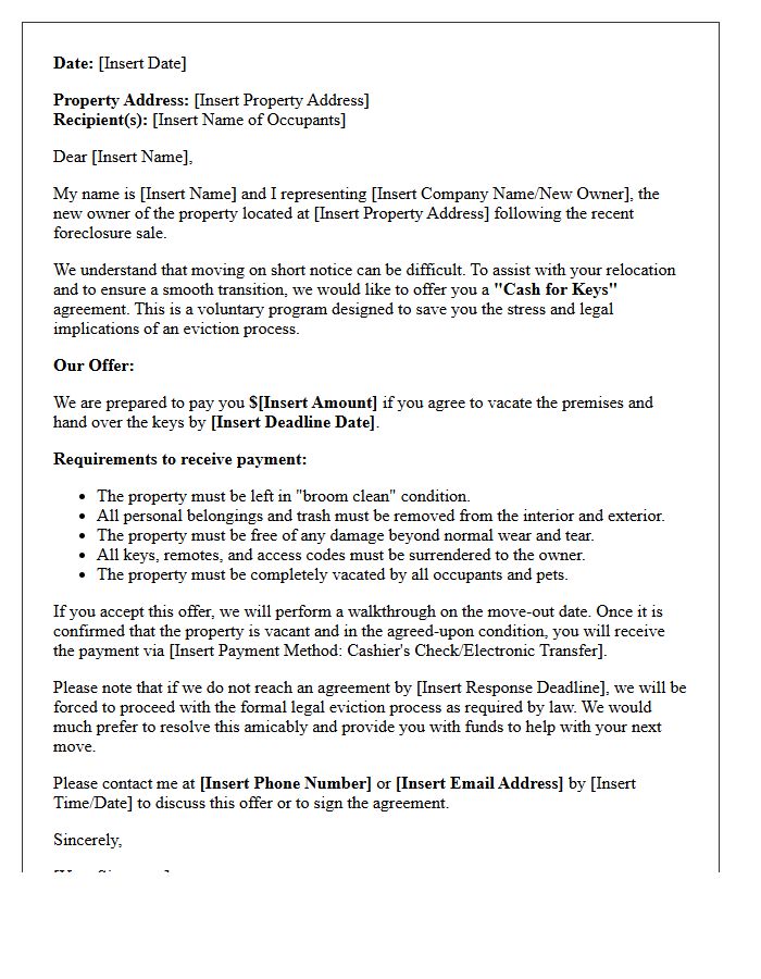 Standard Post-Foreclosure Cash For Keys Offer Letter
