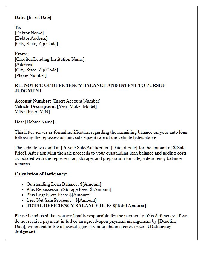 Automobile Repossession Deficiency Judgment Warning Letter