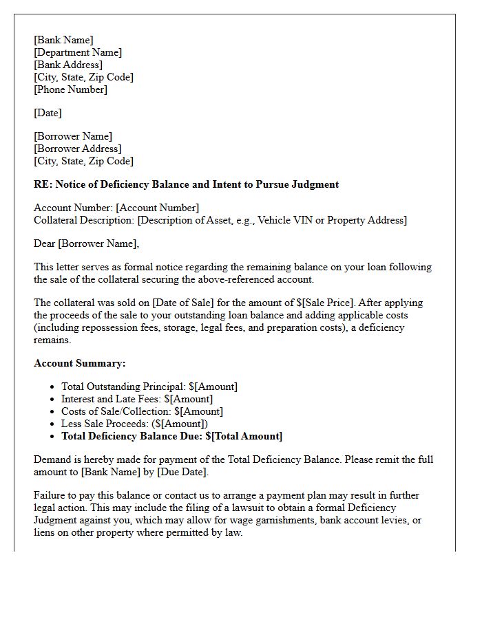 Bank Collateral Shortage Deficiency Judgment Letter