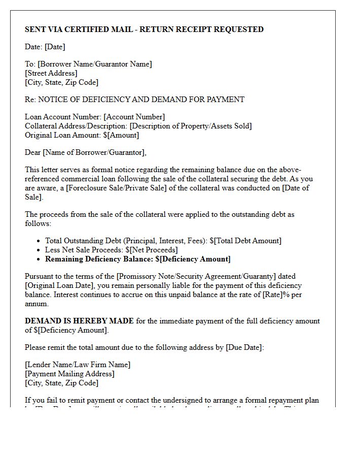 Commercial Loan Deficiency Judgment Demand Letter