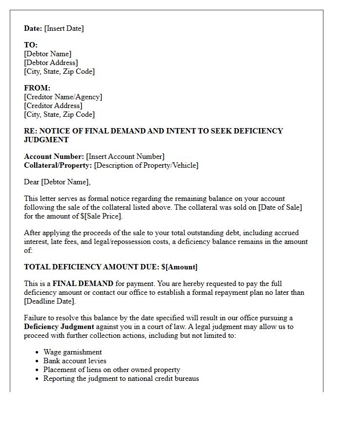 Final Demand and Deficiency Judgment Intent Letter