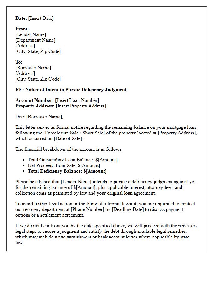 Mortgage Shortfall Deficiency Judgment Intent Letter