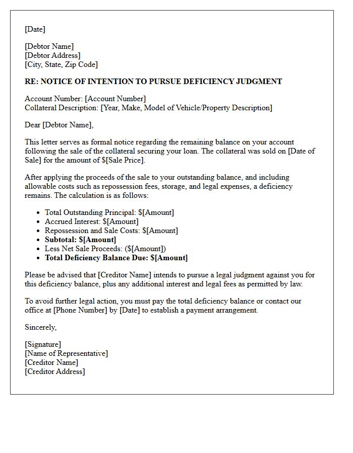 Notice of Intent to Pursue Deficiency Judgment Letter