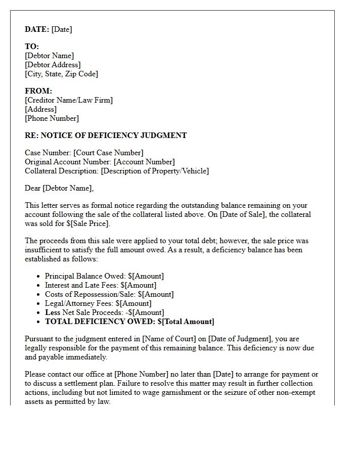 Outstanding Balance Deficiency Judgment Notice Letter
