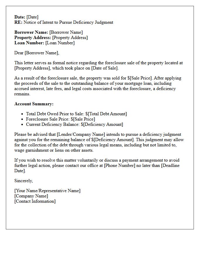 Post-Foreclosure Deficiency Judgment Intent Letter