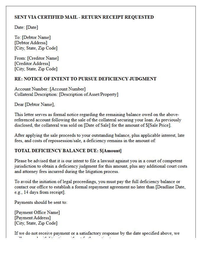 Pre-Litigation Deficiency Judgment Intent Letter