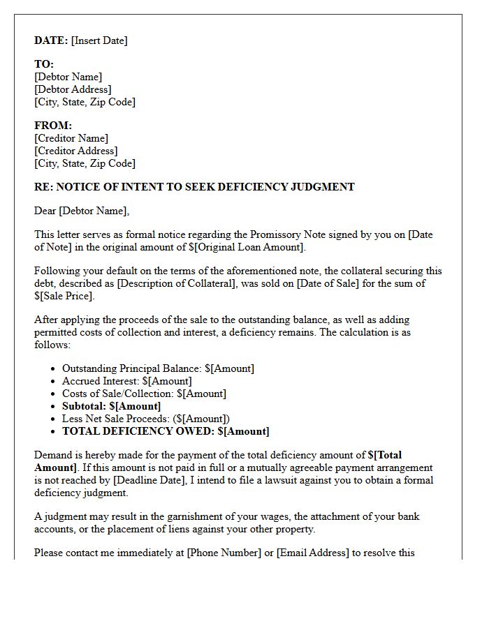 Unpaid Promissory Note Deficiency Judgment Intent Letter