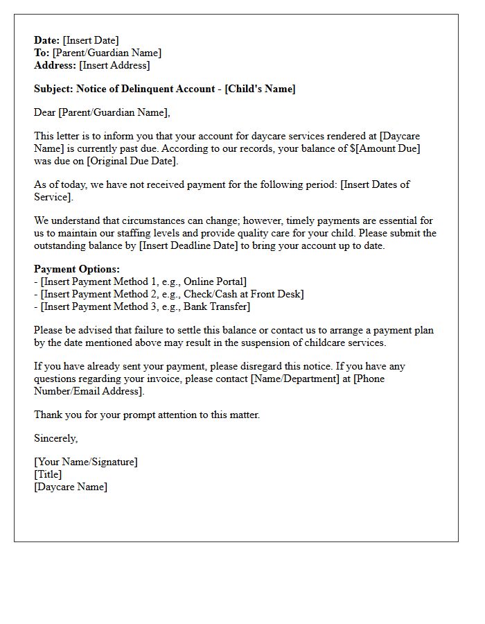 Account Delinquency Letter for Daycare Services Rendered