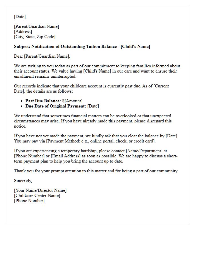 Early Intervention Letter for Childcare Tuition Arrears