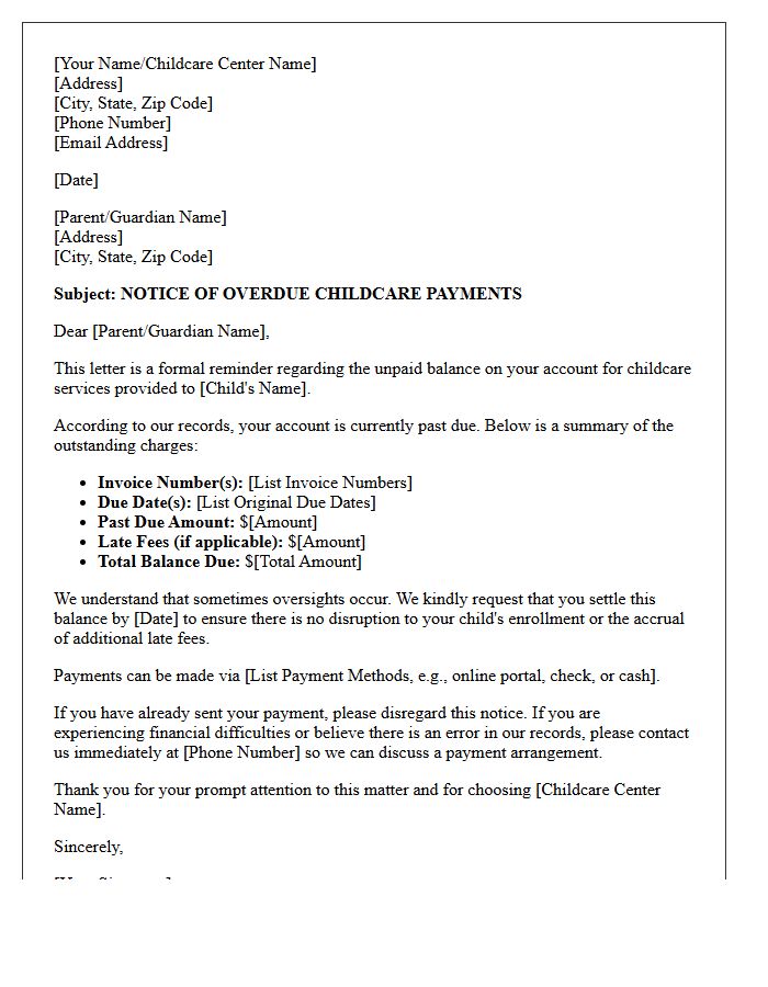 First Demand Letter for Overdue Childcare Payments