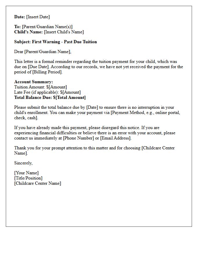 First Warning Letter for Late Childcare Tuition