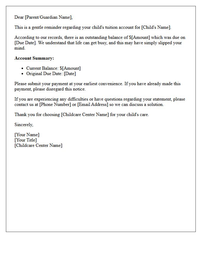 Gentle Reminder Letter for Delinquent Childcare Tuition