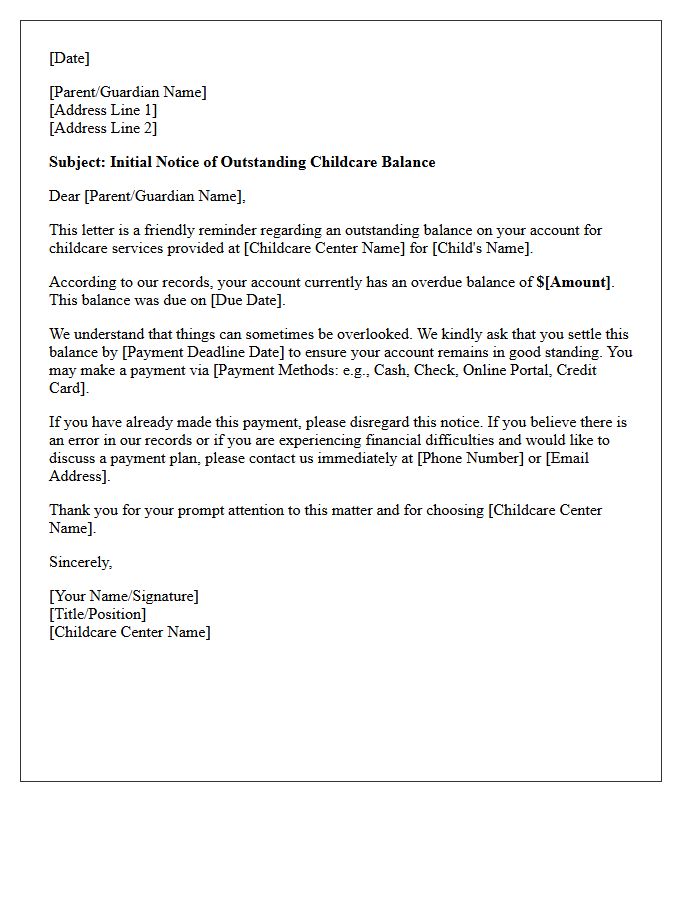 Initial Notice Letter of Outstanding Childcare Balance
