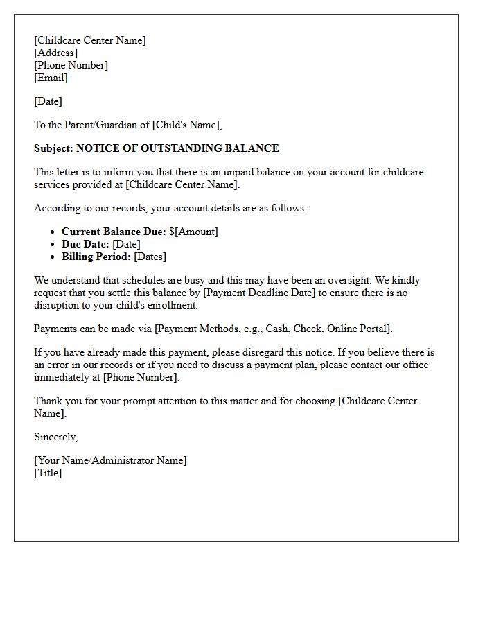 Outstanding Balance Notice Letter for Childcare Centers