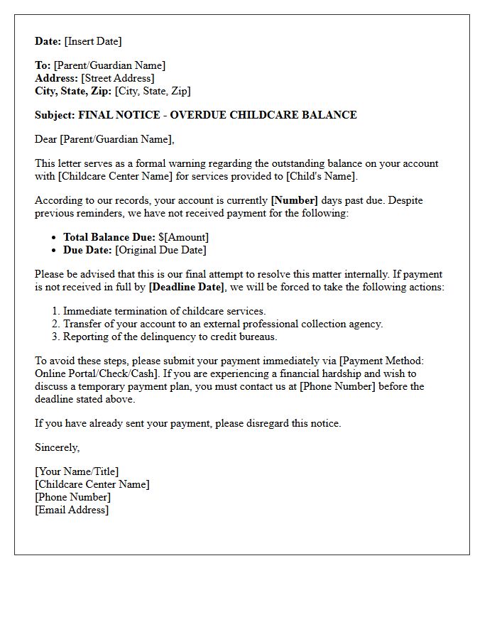 Pre-Collection Warning Letter for Childcare Balances