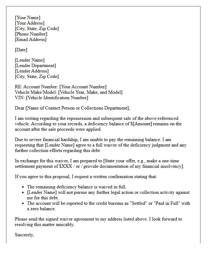 Auto Loan Repossession Waiver of Deficiency Judgment Letter