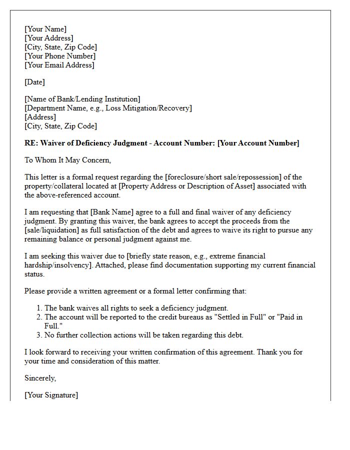 Consumer Banking Waiver of Deficiency Judgment Letter