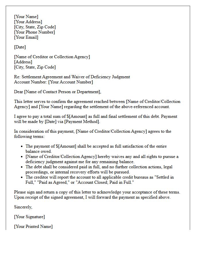 Debt Settlement Waiver of Deficiency Judgment Letter