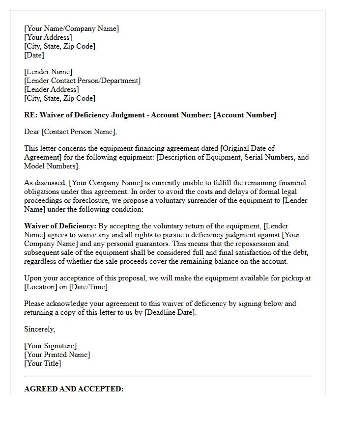 Equipment Financing Waiver of Deficiency Judgment Letter