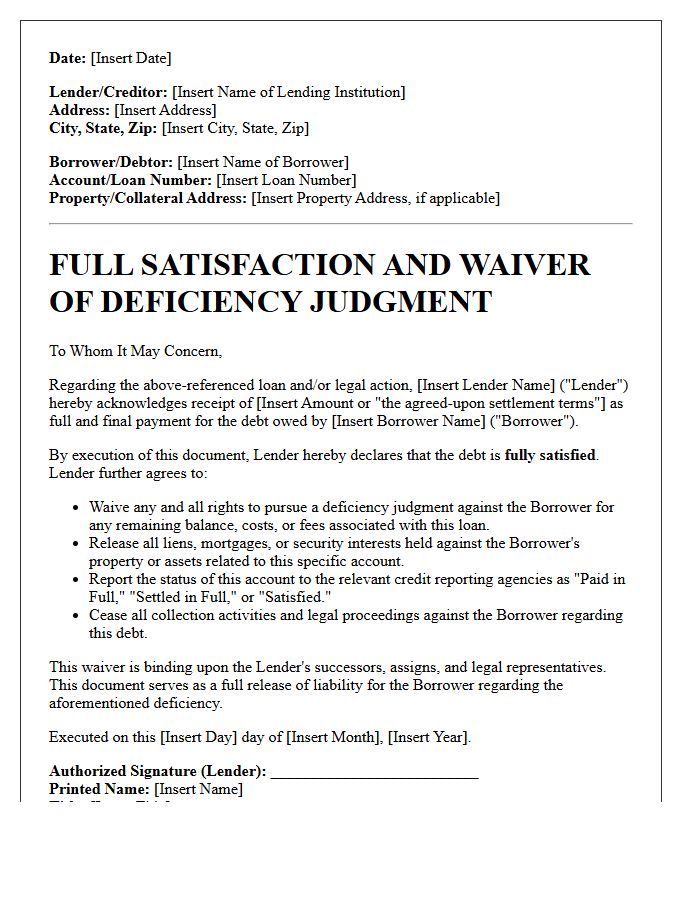 Full Satisfaction and Waiver of Deficiency Judgment Letter