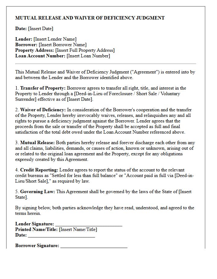 Mutual Release and Waiver of Deficiency Judgment Letter