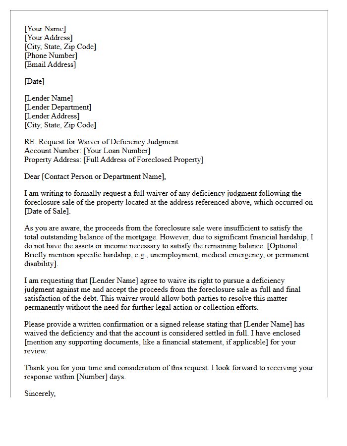 Post-Foreclosure Waiver of Deficiency Judgment Letter