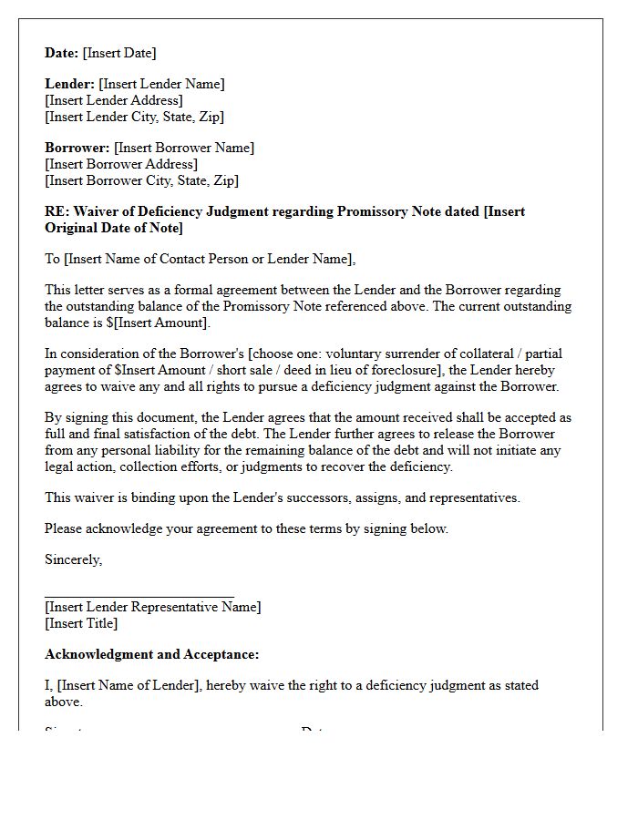 Promissory Note Waiver of Deficiency Judgment Letter