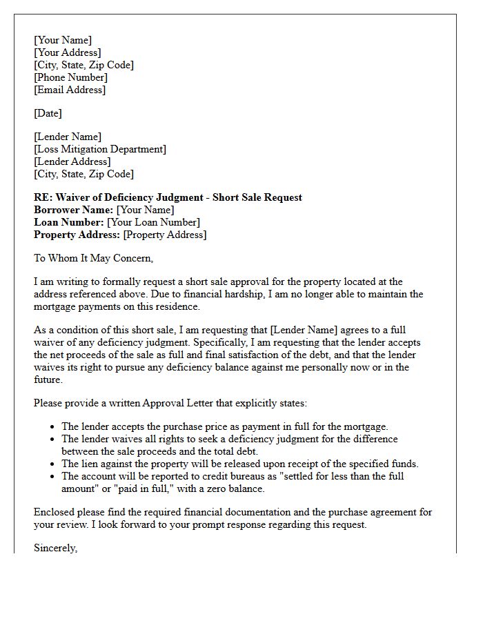 Residential Short Sale Waiver of Deficiency Judgment Letter