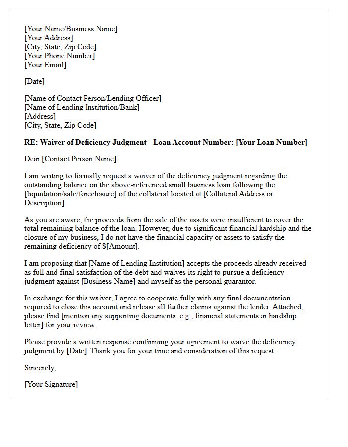 Small Business Loan Waiver of Deficiency Judgment Letter