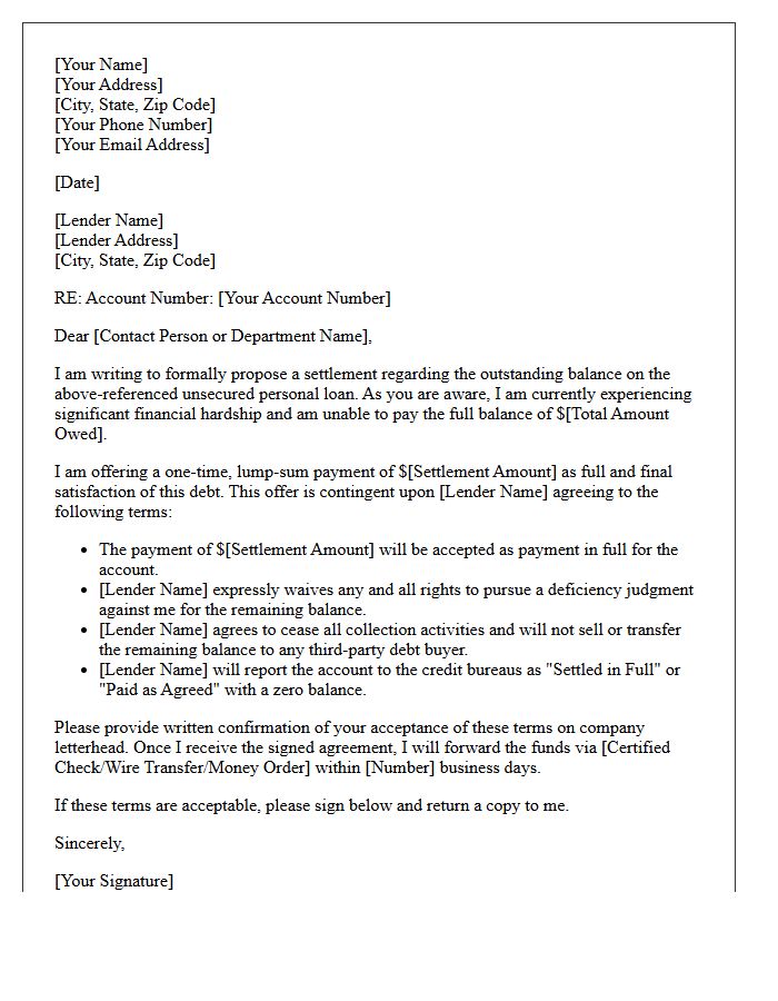 Unsecured Personal Loan Waiver of Deficiency Judgment Letter