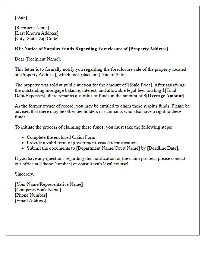 Bank Foreclosure Overage Notification Letter