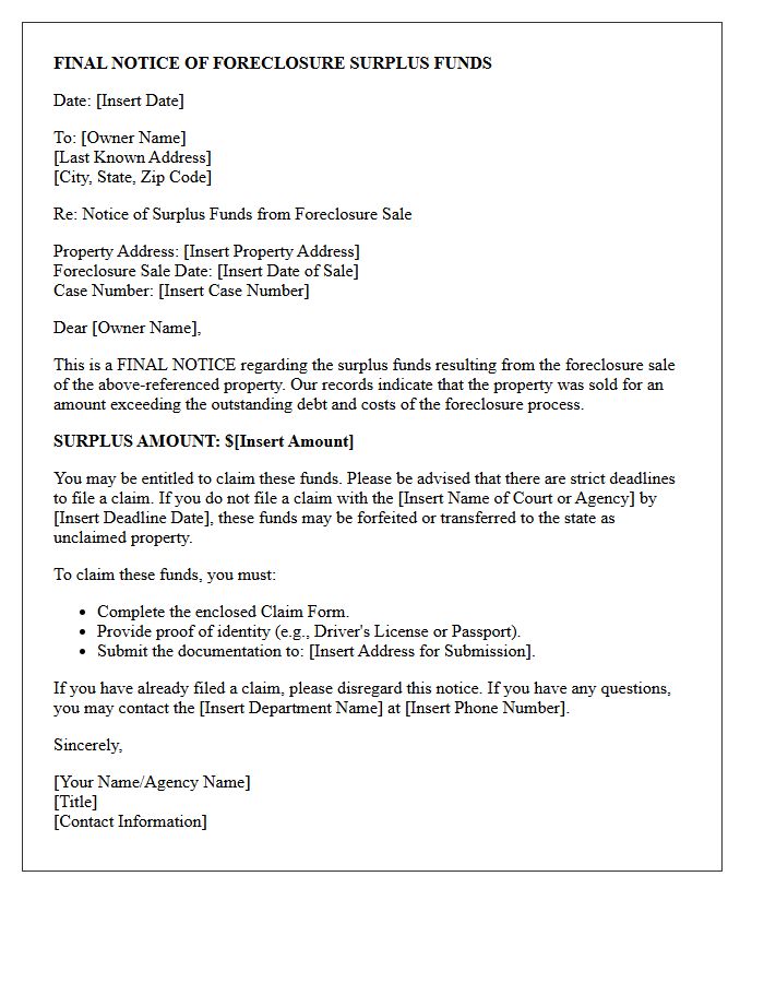 Final Notice Of Foreclosure Surplus Letter