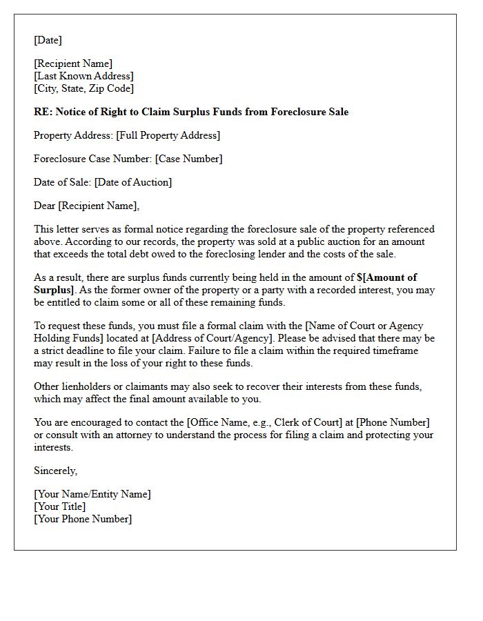 Notice Of Foreclosure Surplus Funds Letter
