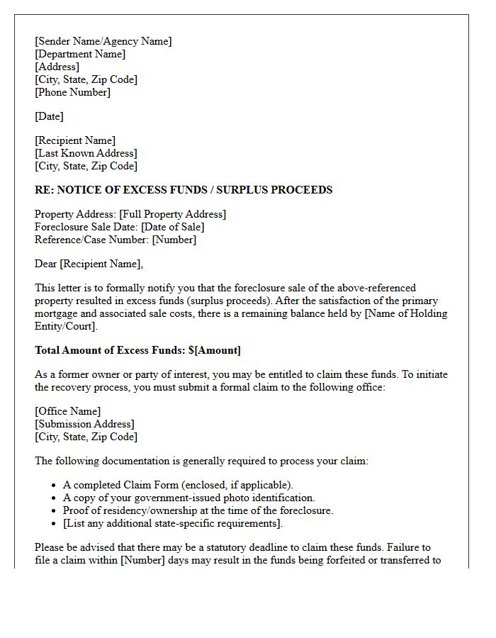 Notification Of Foreclosure Excess Funds Letter